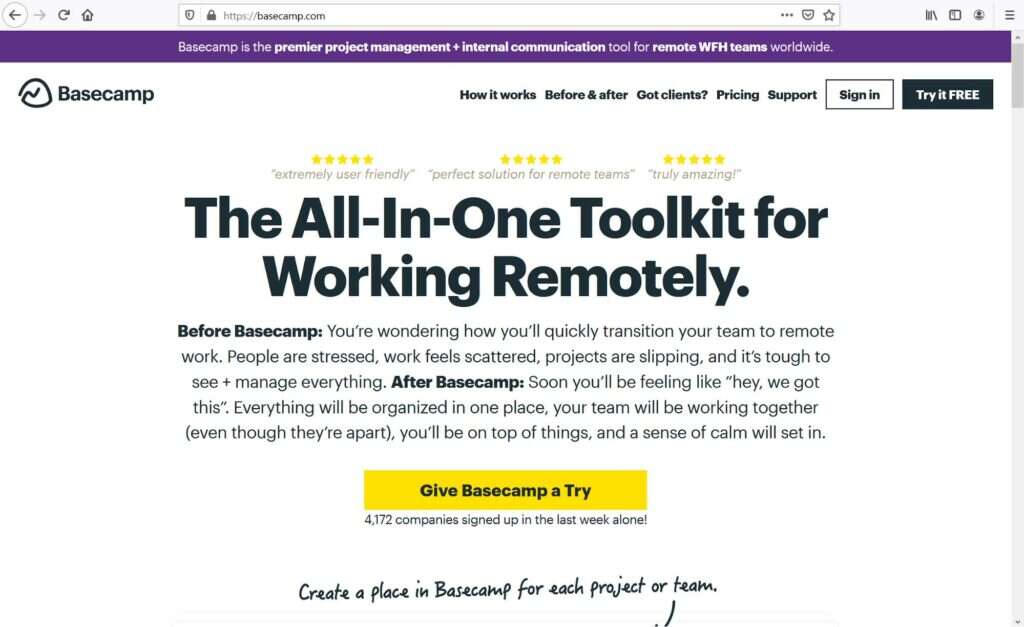 basecamp homepage