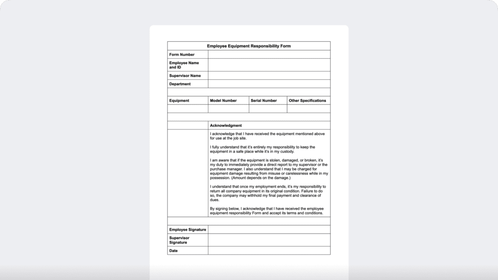 Employee Equipment Responsibility Form Template