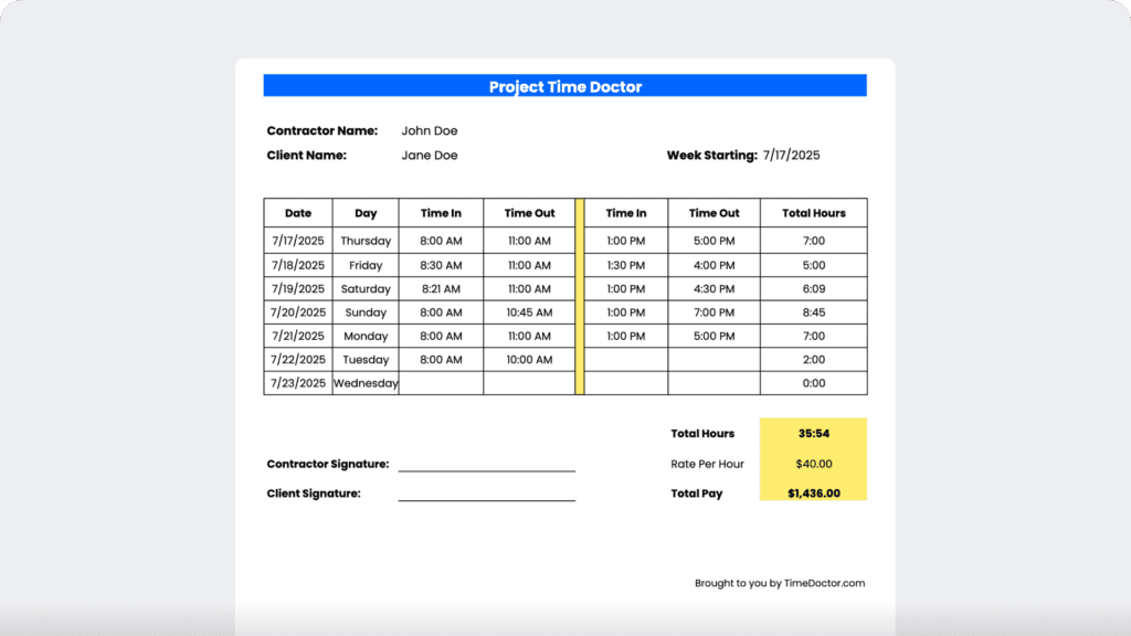Contractor Weekly Timesheet Template 