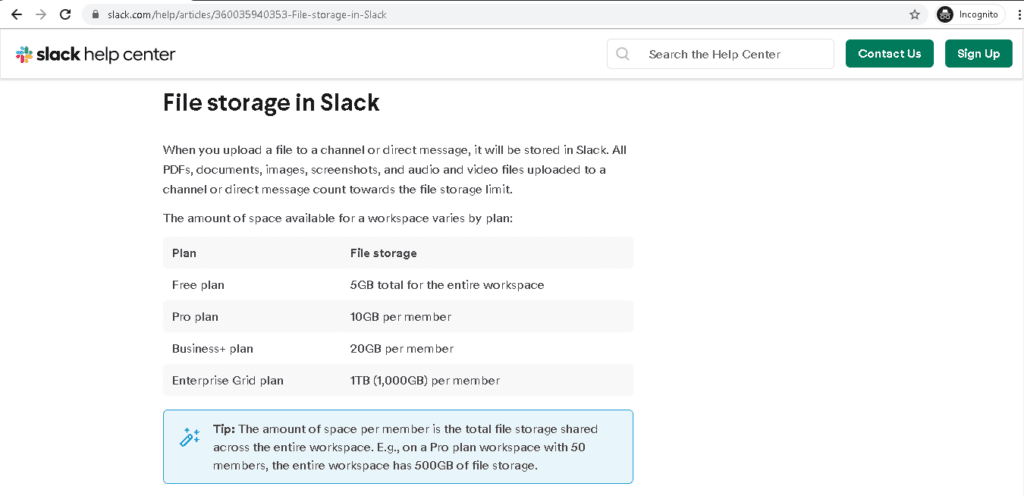 file storage in slack