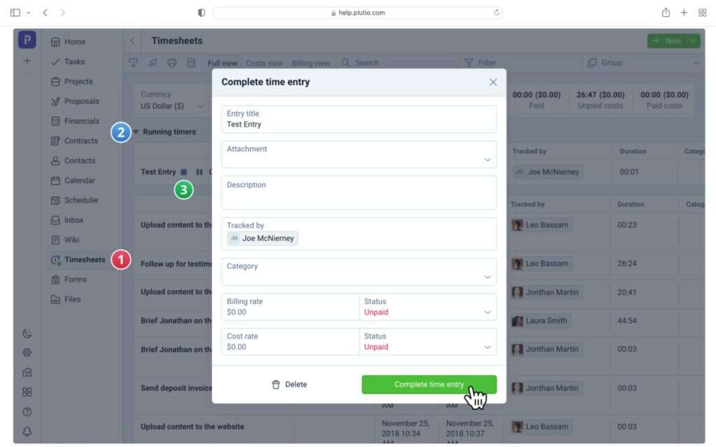 plutio complete time entry