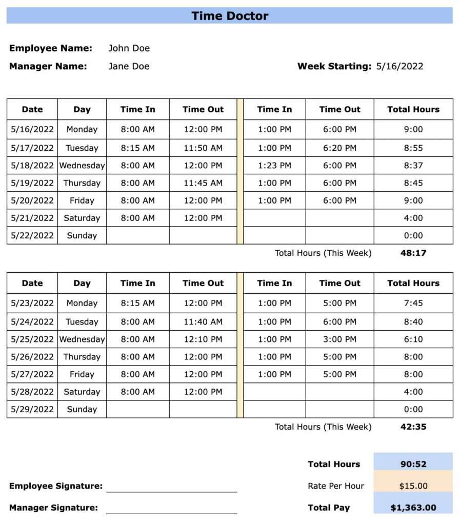 Bi-Weekly Software Development Timesheet Template