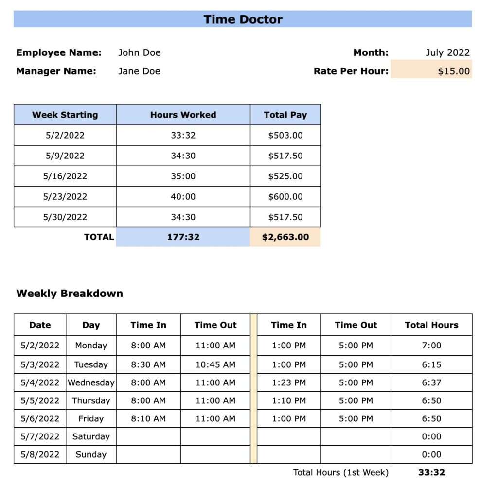 monthly timesheet template sample