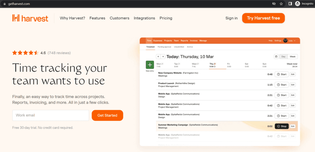 Harvest homepage