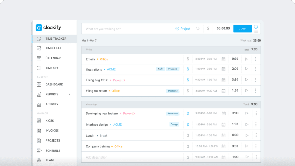 Clockify Interactive time tracking