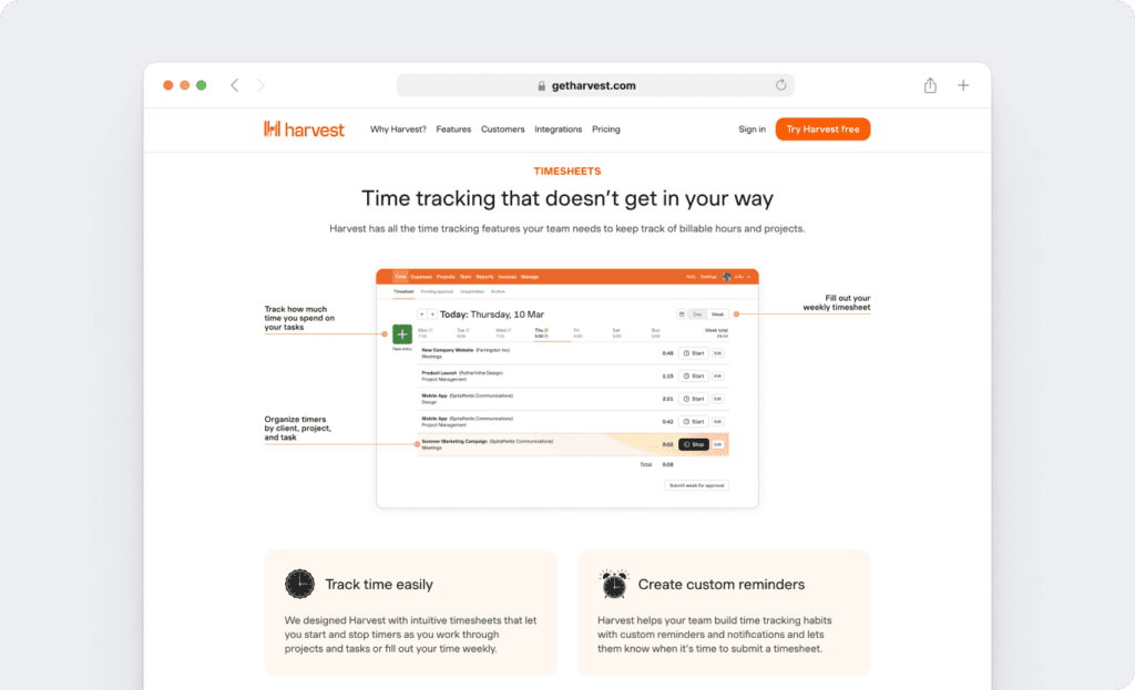 Harvest billable hours tracking
