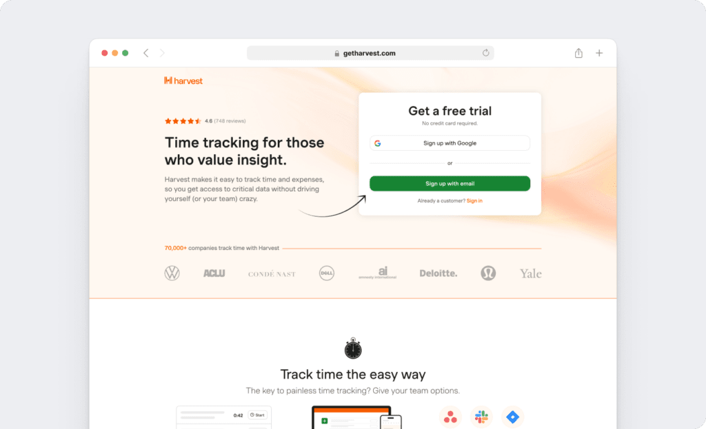 Harvest homepage