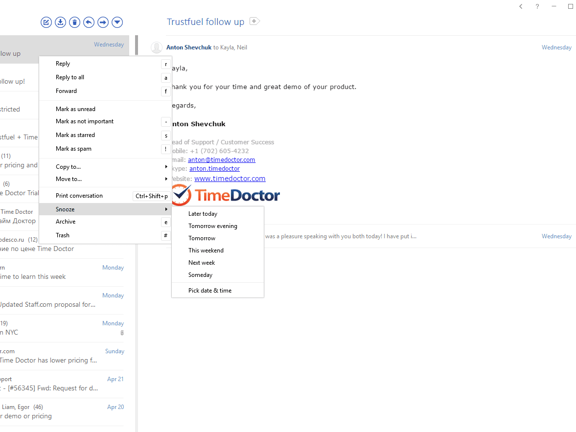 Mailbird snooze feature