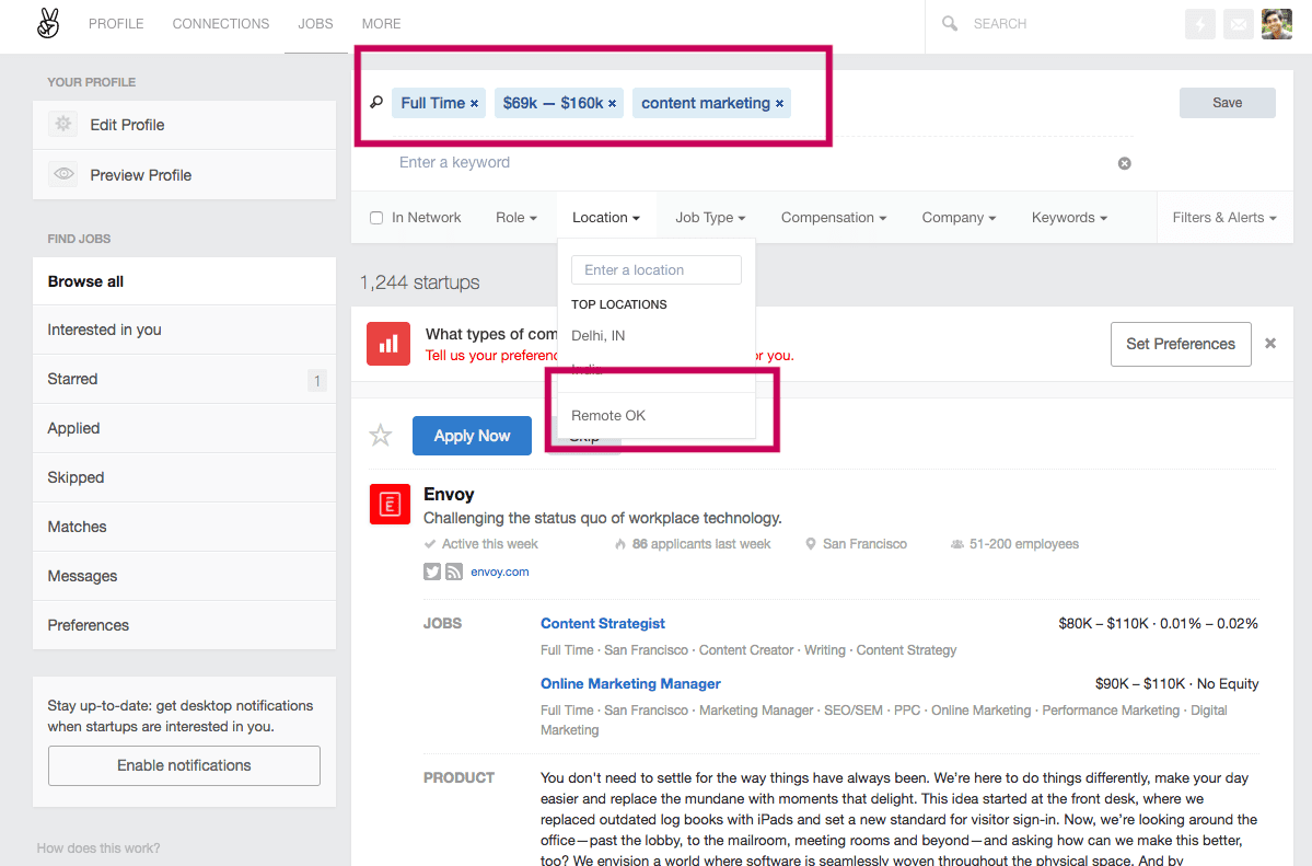 Remote OK option on angel.co