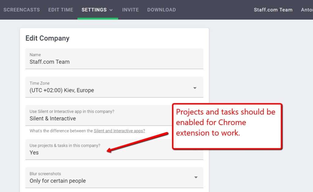 projects and tasks settings