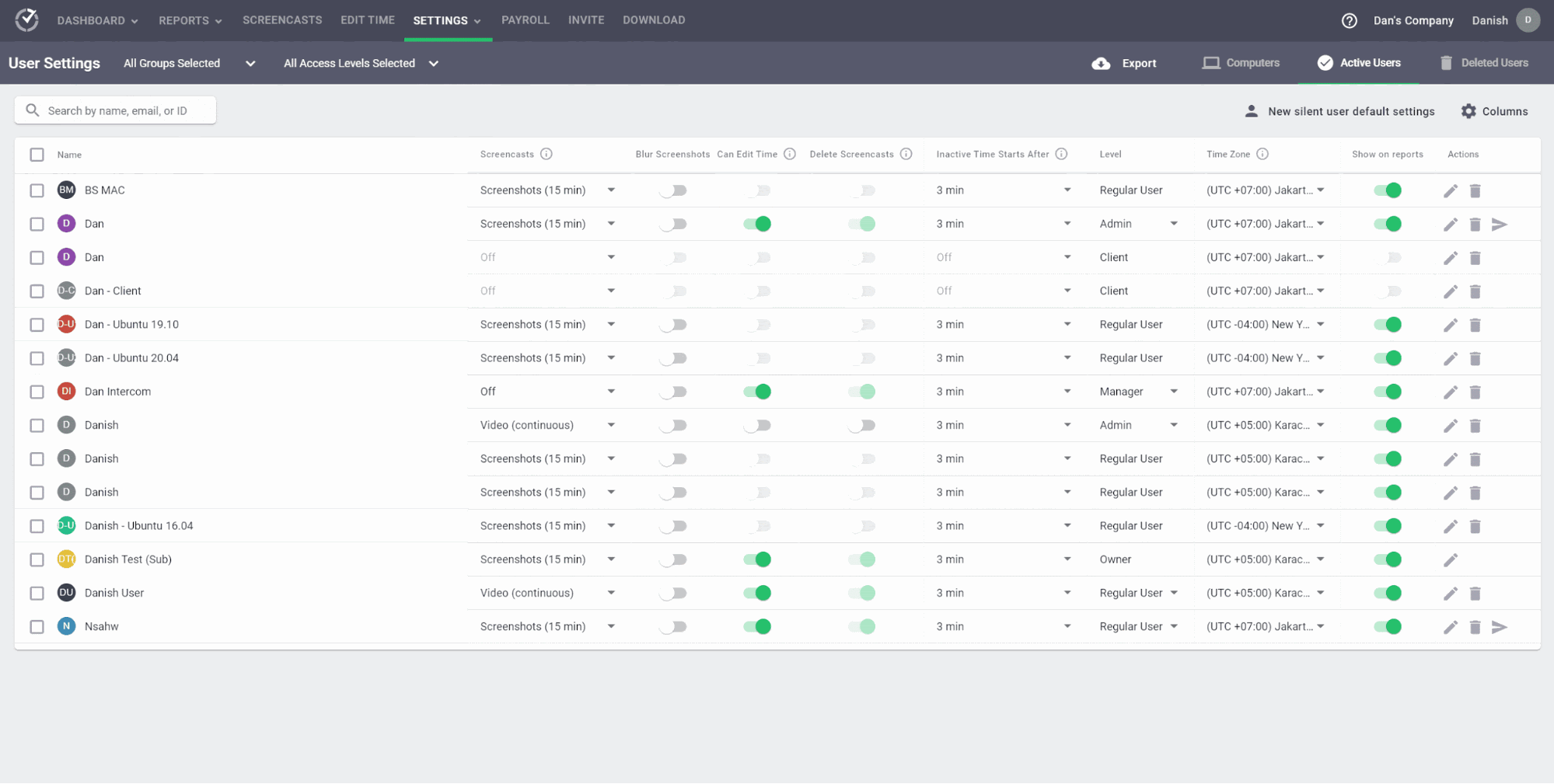 Time Doctor users settings
