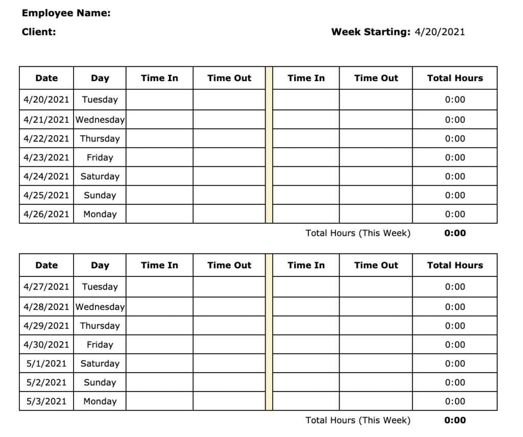 bi-weekly business timesheet for call center