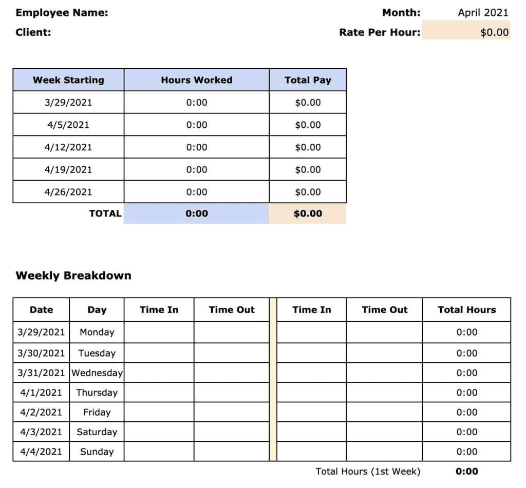 monthly business timesheet for call center