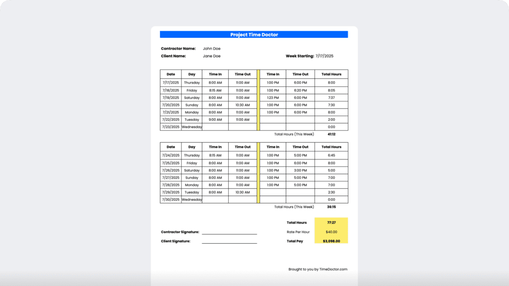 Contractor Bi-Weekly Timesheet Template 