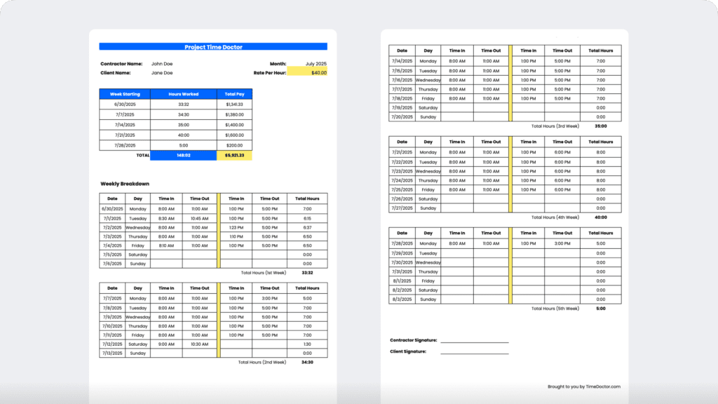 Contractor Monthly Timesheet Template