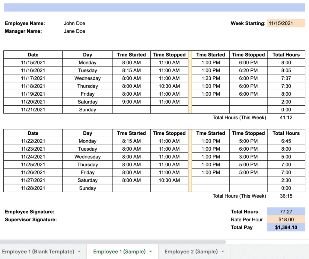 biweekly timesheet template multiple employees