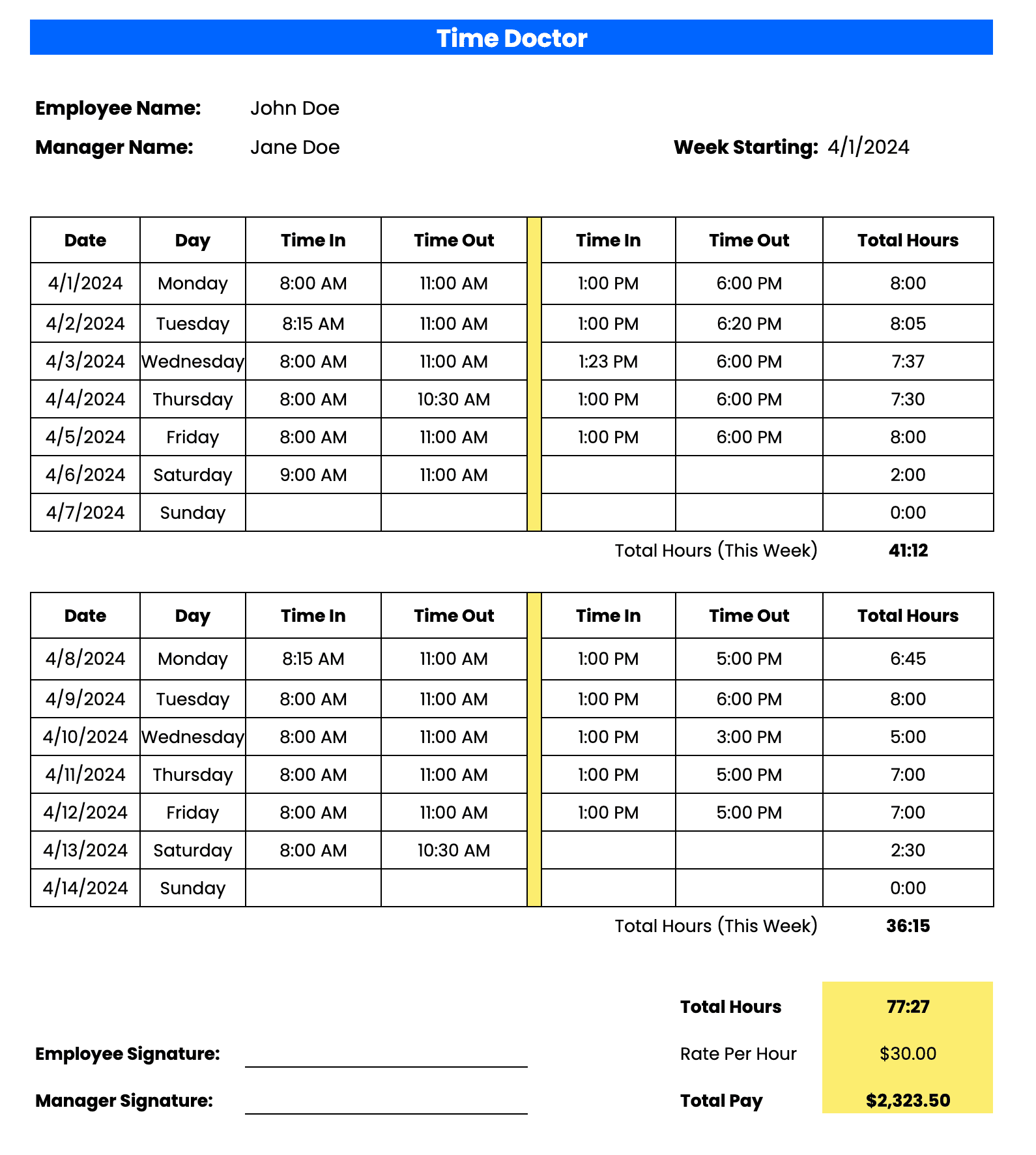 bi-weekly payroll timesheet template 2024