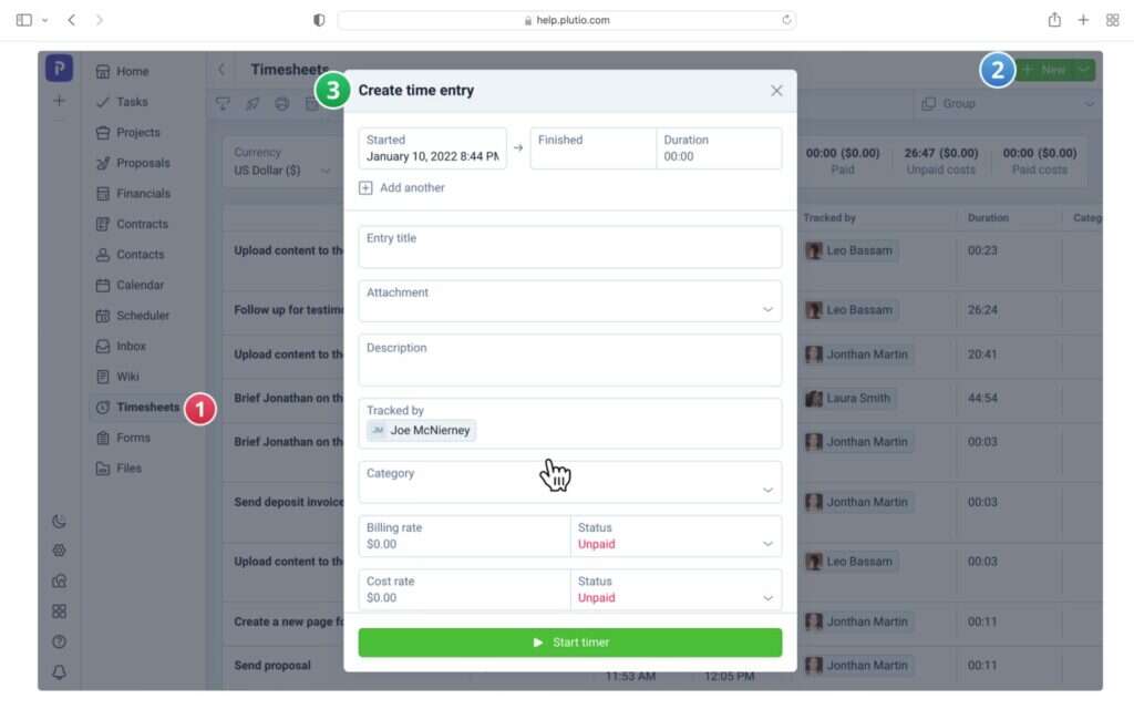 plutio create time entry