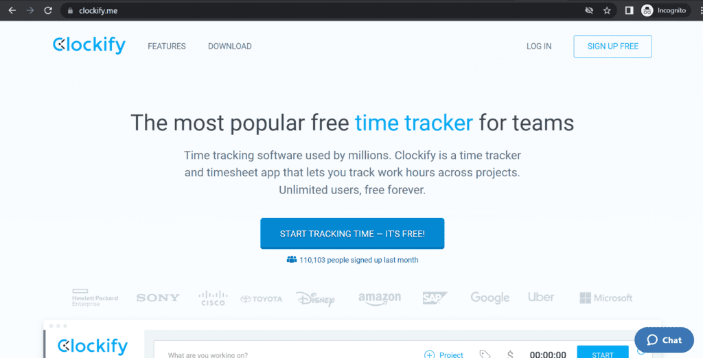 Clockify homepage 2022