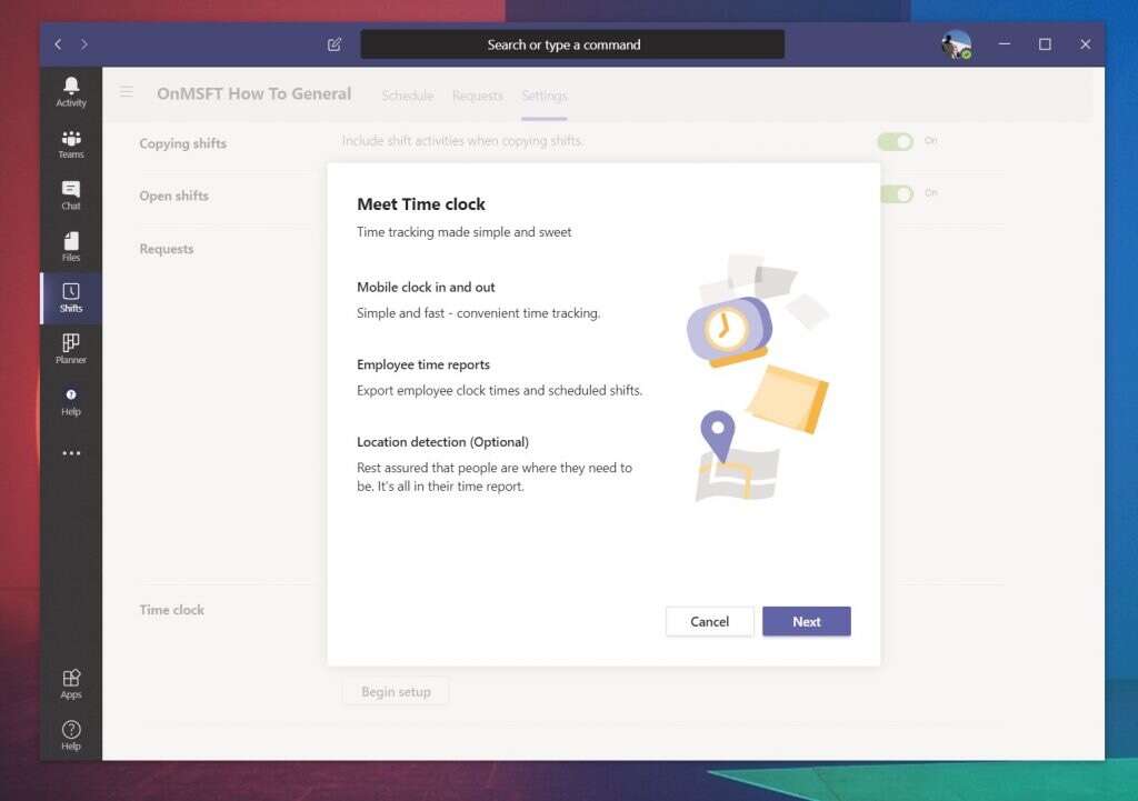 using time clock microsoft teams