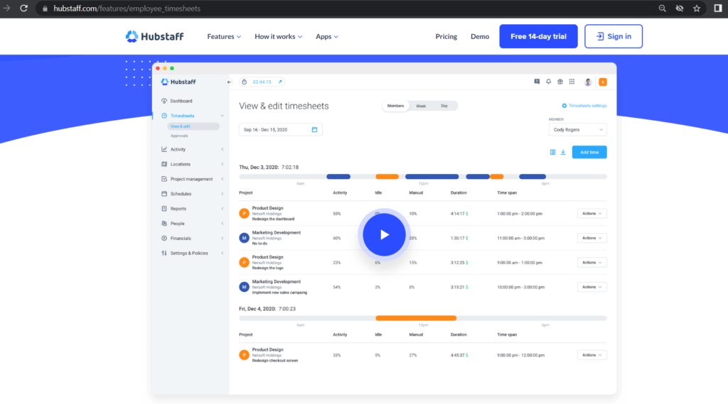 Hubstaff features employee timesheet
