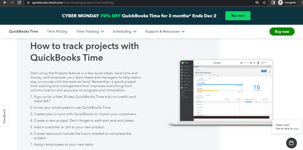 Tsheets' project management feature