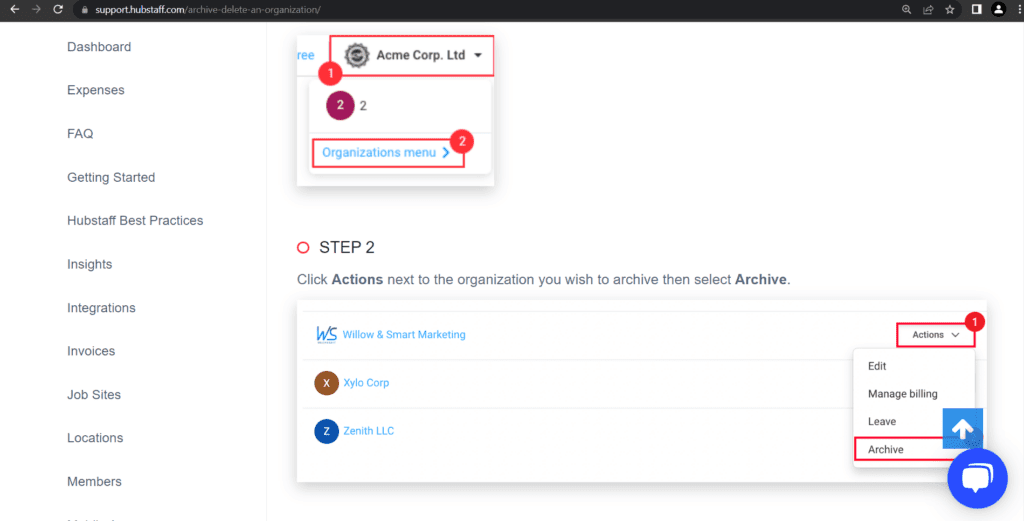 Hubstaff select the Organizations menu