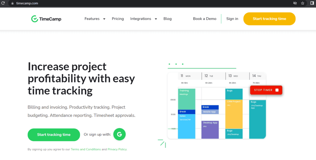TimeCamp homepage 2023