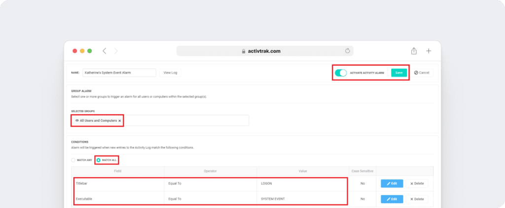 ActivTrak custom alarm
