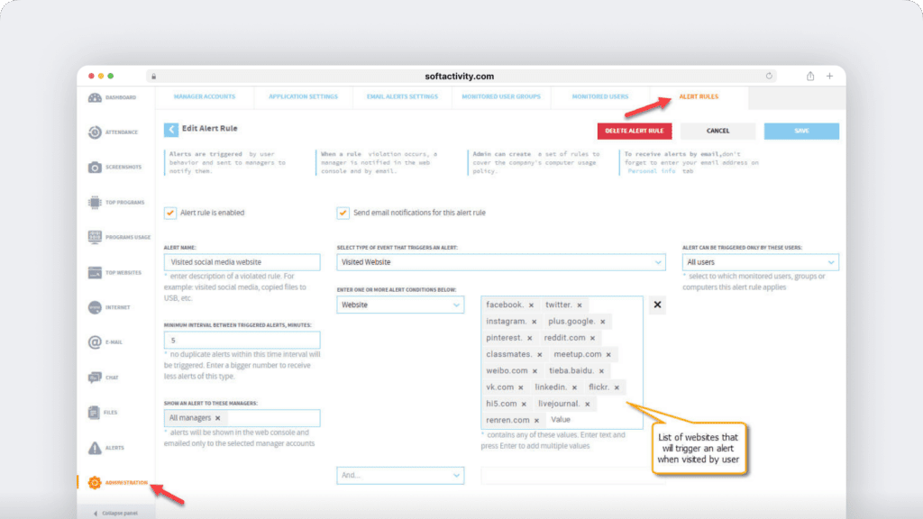 SoftActivity alerts and notifications